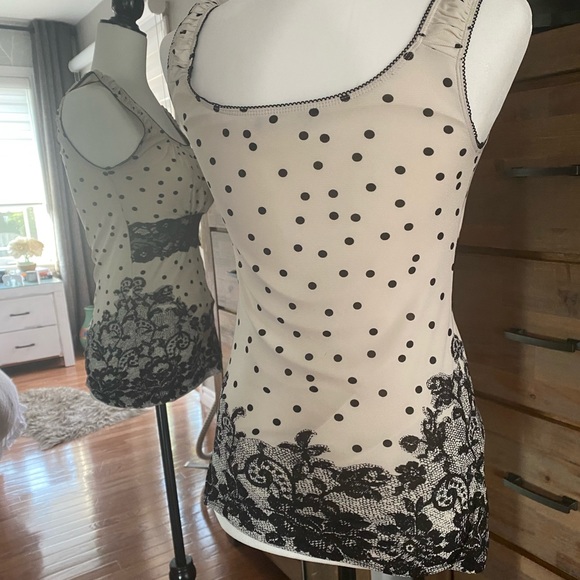 Maurices Dressy Tank Top, Cream with black polka dots and lace. - Picture 2 of 3